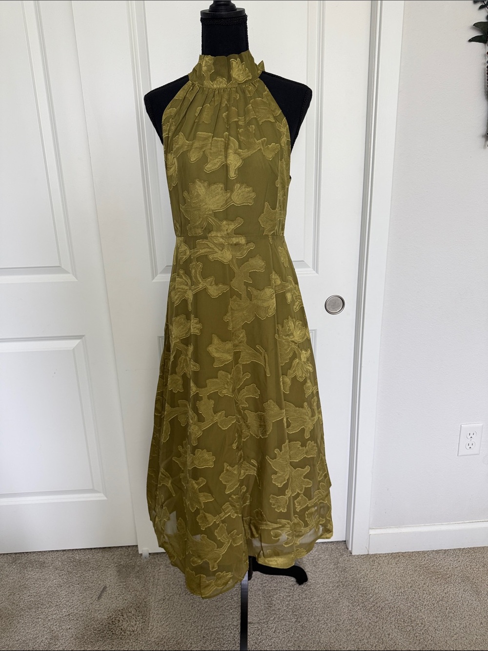 RIHOAS Olive Green Halter Midi Dress with Floral Appliqué